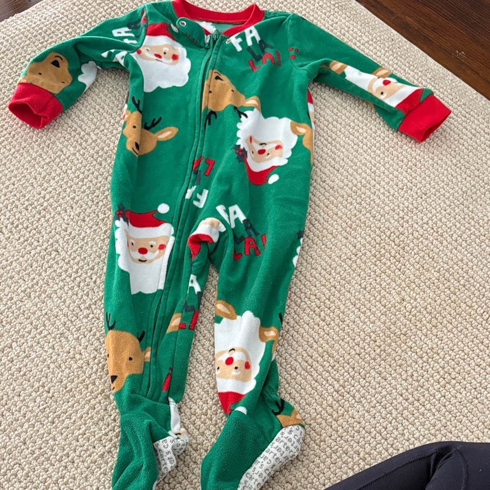 Carter's Green Santa & Reindeer Holiday Footed One-Piece